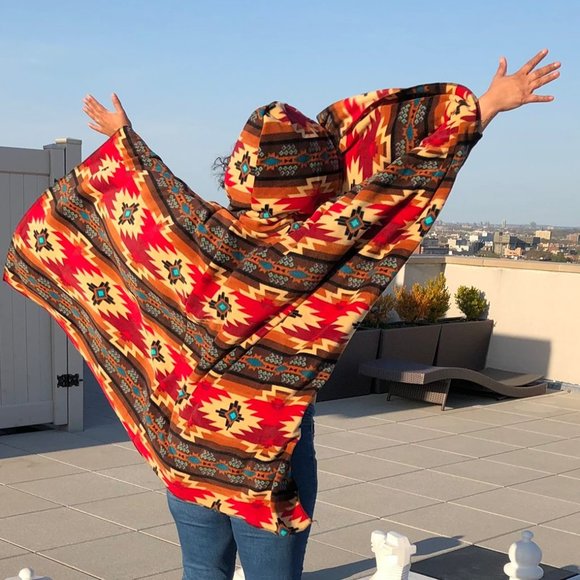 ZooFleece Orange Southwestern Aztec Tribal Indian Hooded Women’s Poncho Cape - Picture 5 of 5